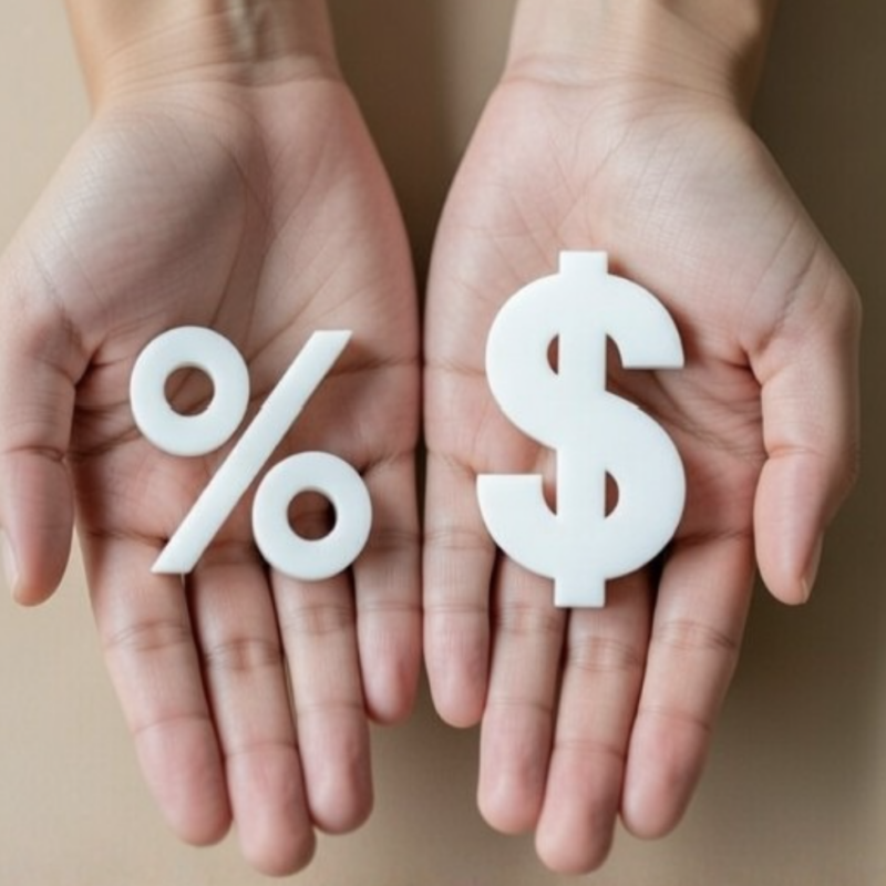 Hands holding a percent sign and a dollar symbol, representing mortgage interest rates and loan costs