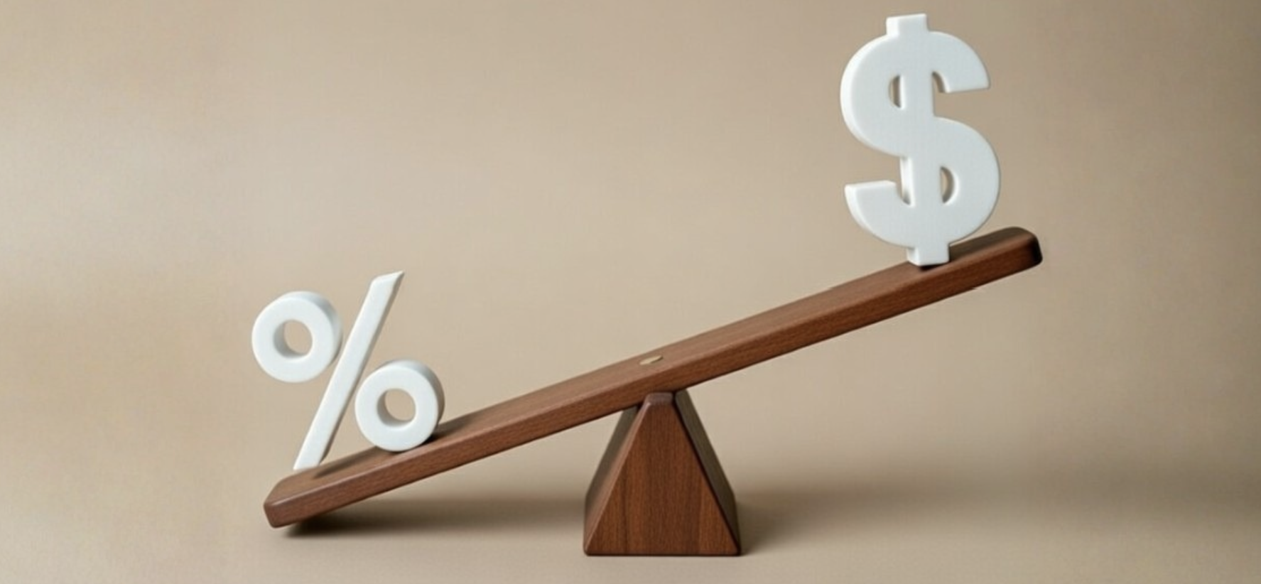 Balance scale with a percent sign on one side and a dollar symbol on the other, illustrating the tradeoff between mortgage interest rate and purchase price savings.