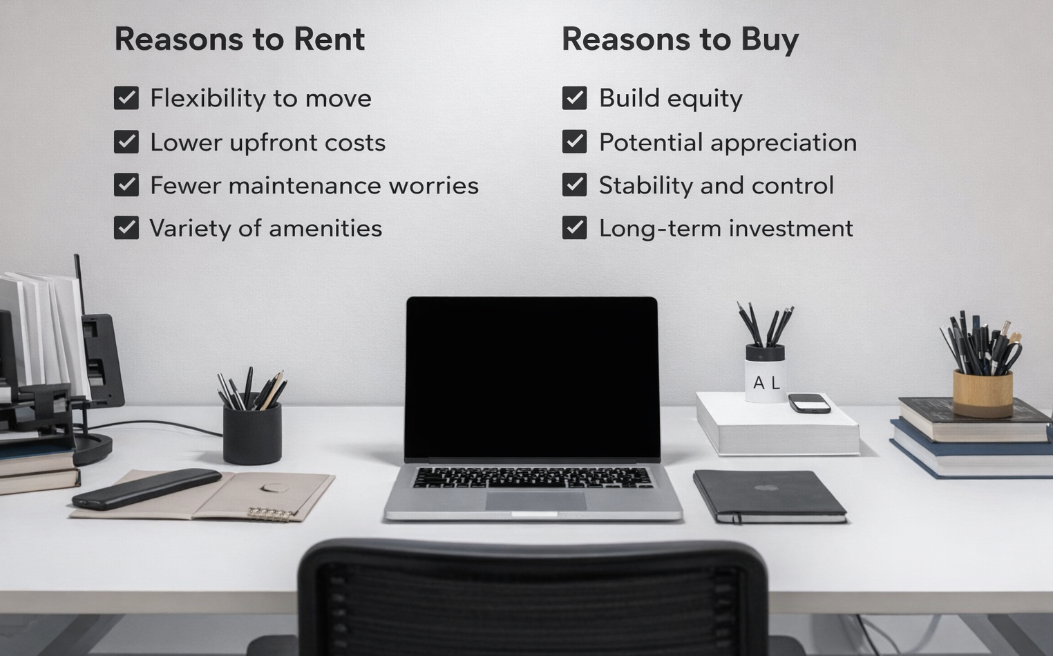 Buy vs rent comparison graphic showing reasons to rent and reasons to buy on a minimalist office wall