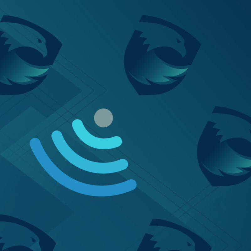 Abstract blue digital network graphic with wireless signal icon and eagle logos, illustrating IP address verification and mortgage fraud prevention.