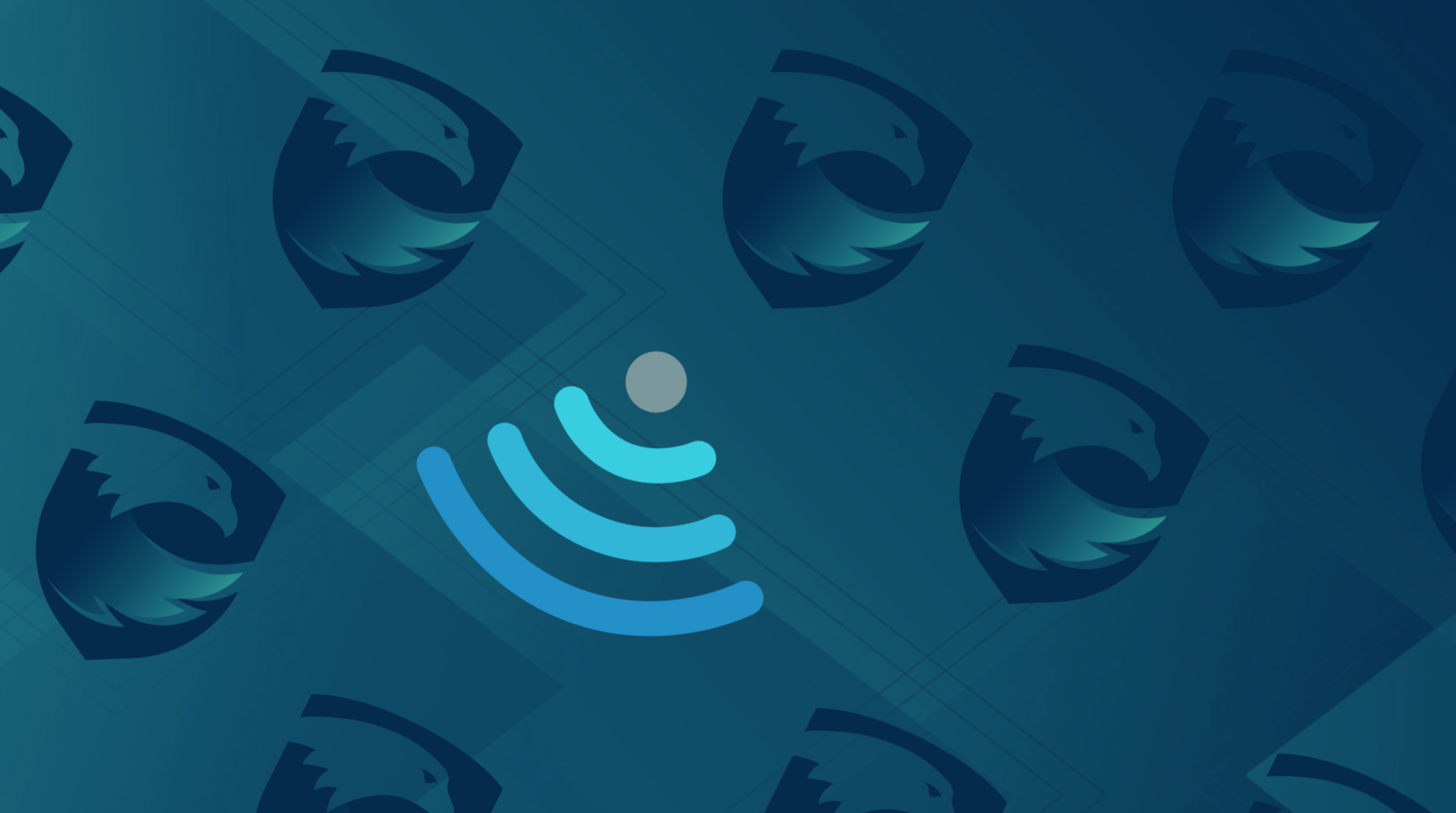Abstract blue digital network graphic with wireless signal icon and eagle logos, illustrating IP address verification and mortgage fraud prevention.