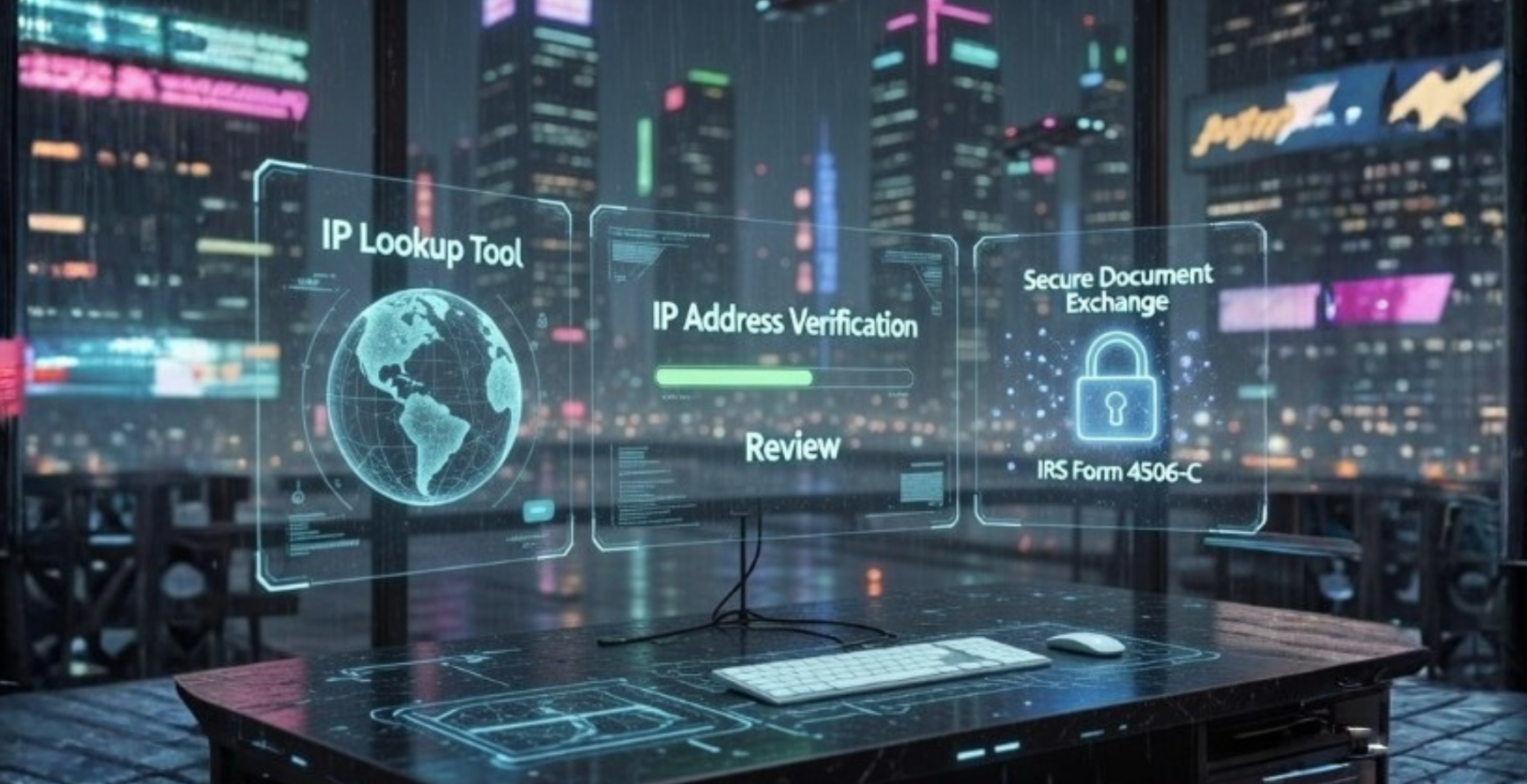 Futuristic digital dashboard showing an IP lookup tool, IP address verification review, secure document exchange, and IRS Form 4506-C in a mortgage fraud prevention workflow.