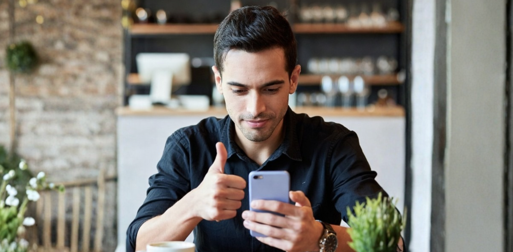 Man using a smartphone and giving a thumbs up in a coffee shop, illustrating a borrower completing online mortgage verification from a mobile device.