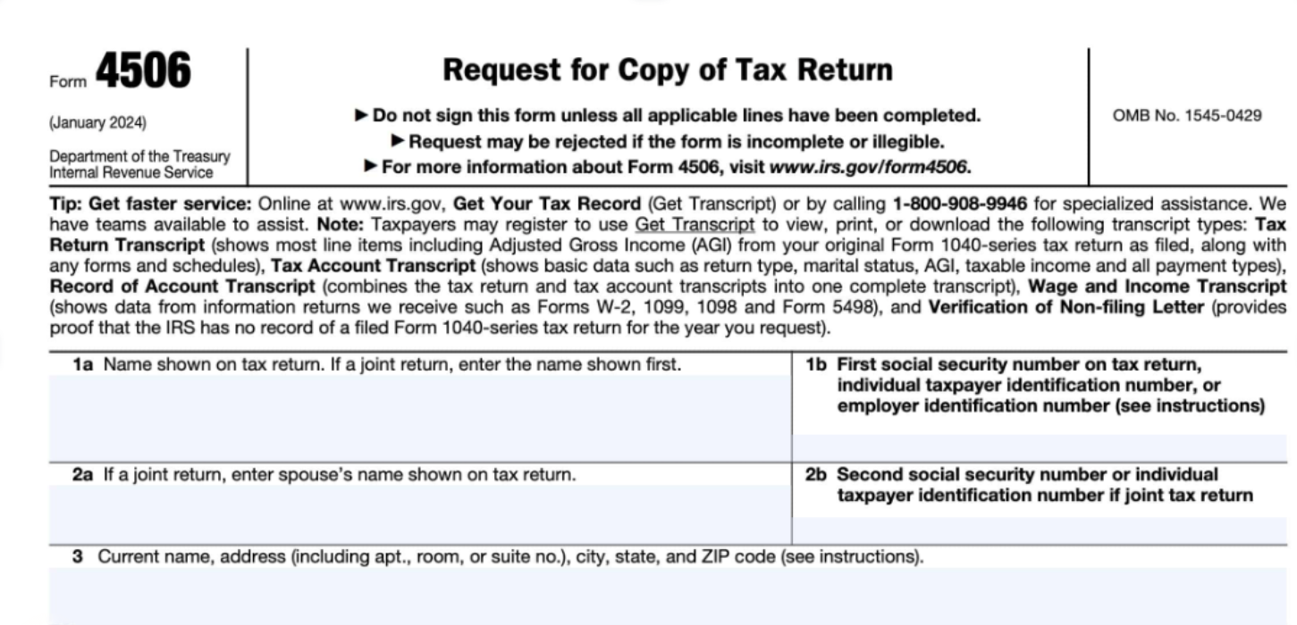 IRS Form 4506 request for copy of tax return, showing the tax transcript authorization document lenders use to verify borrower income during mortgage underwriting.