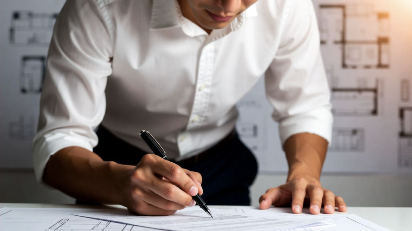 Homebuyer signing construction loan paperwork during the custom home financing process