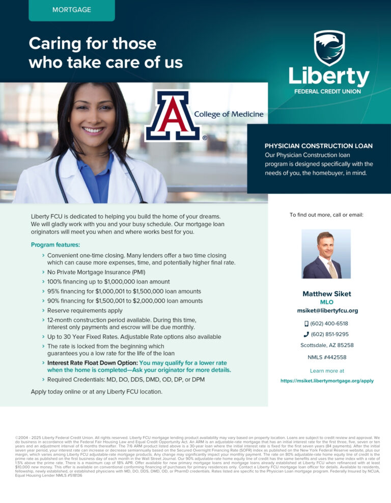 Liberty Federal Credit Union Physician Construction Loan flyer featuring a doctor and home financing benefits for physicians.