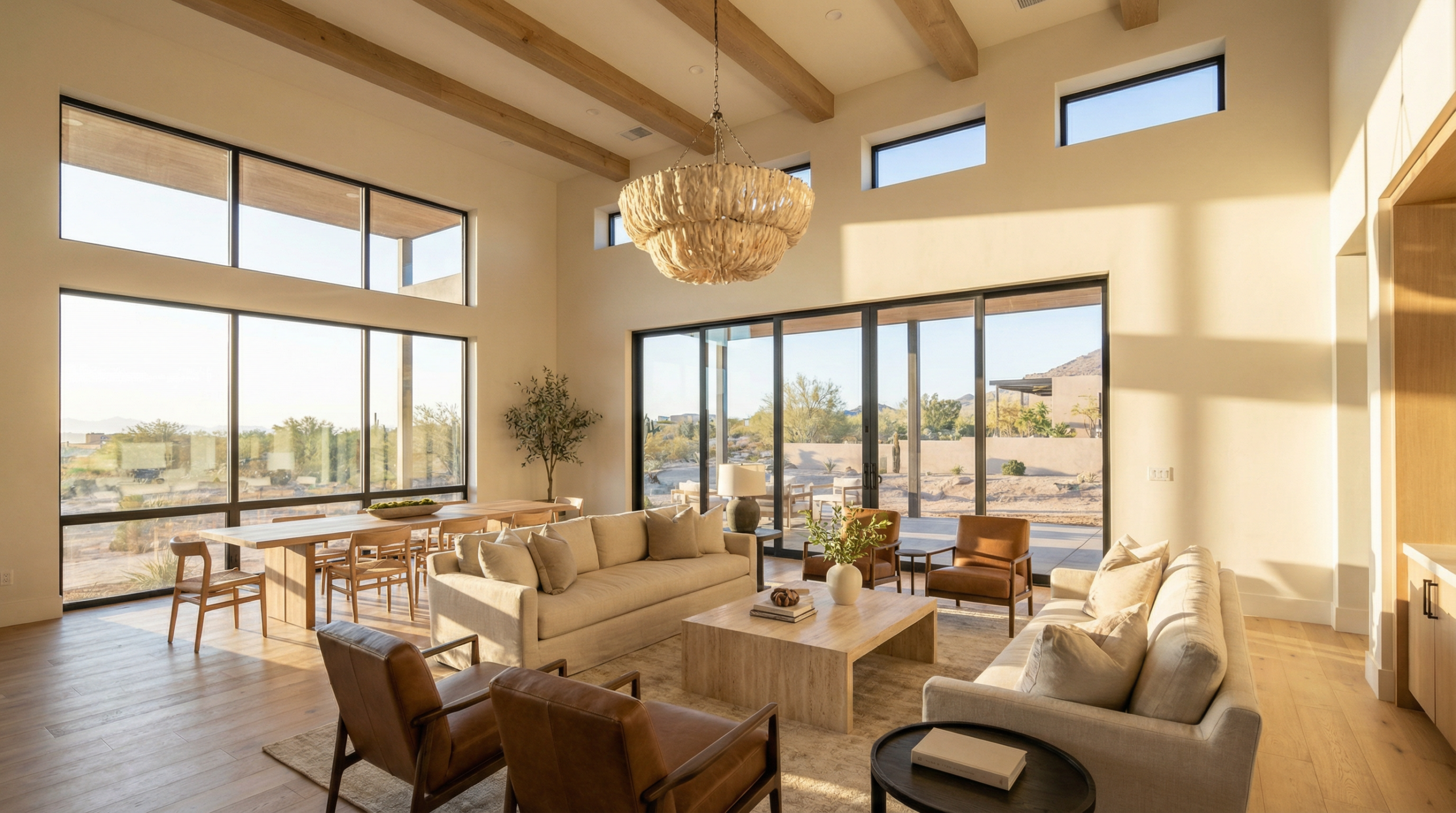 Modern custom home interior with vaulted ceilings, large windows, and desert views