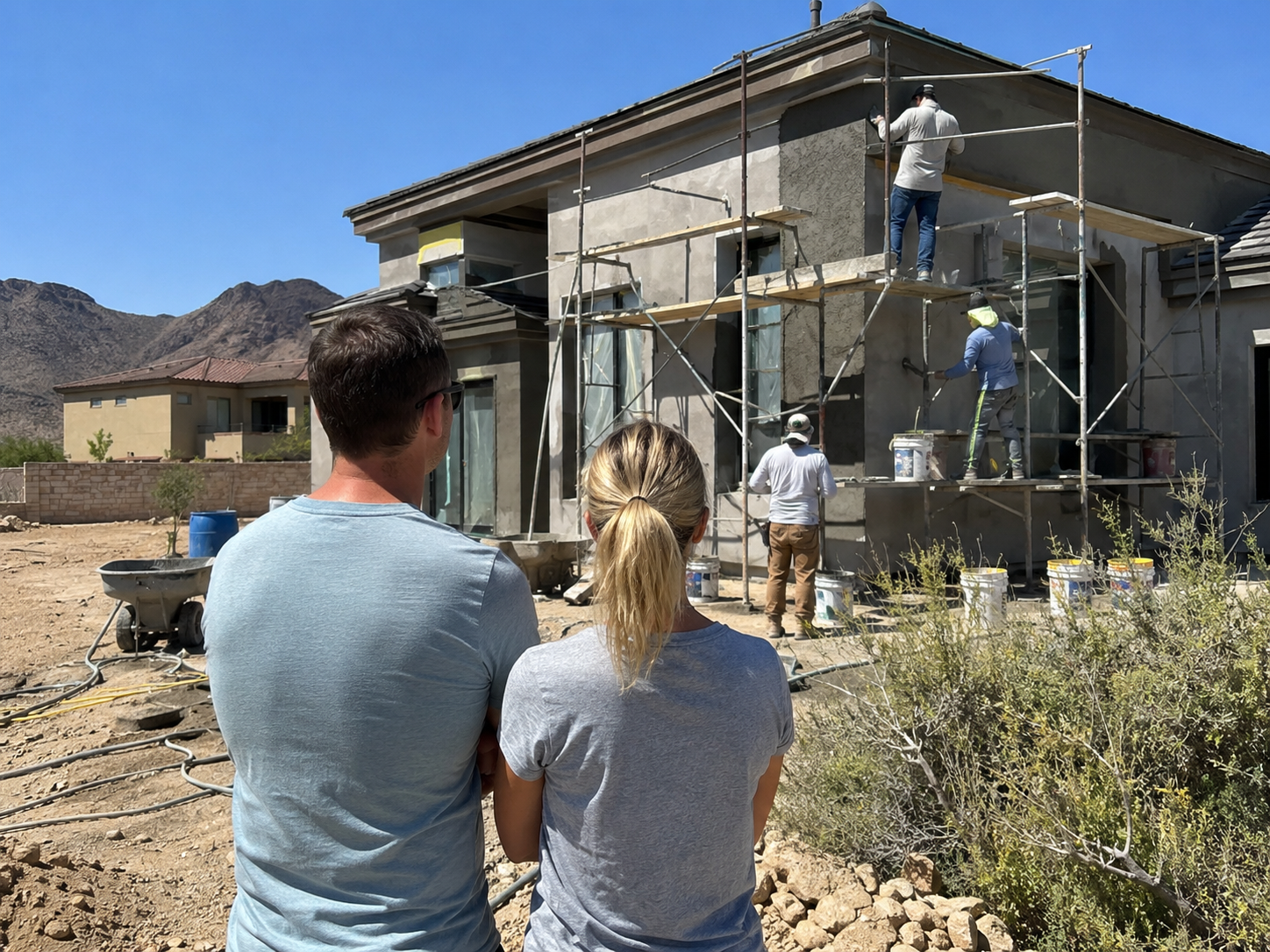 Couple watching stucco crew finish a custom home exterior at a Phoenix construction site
