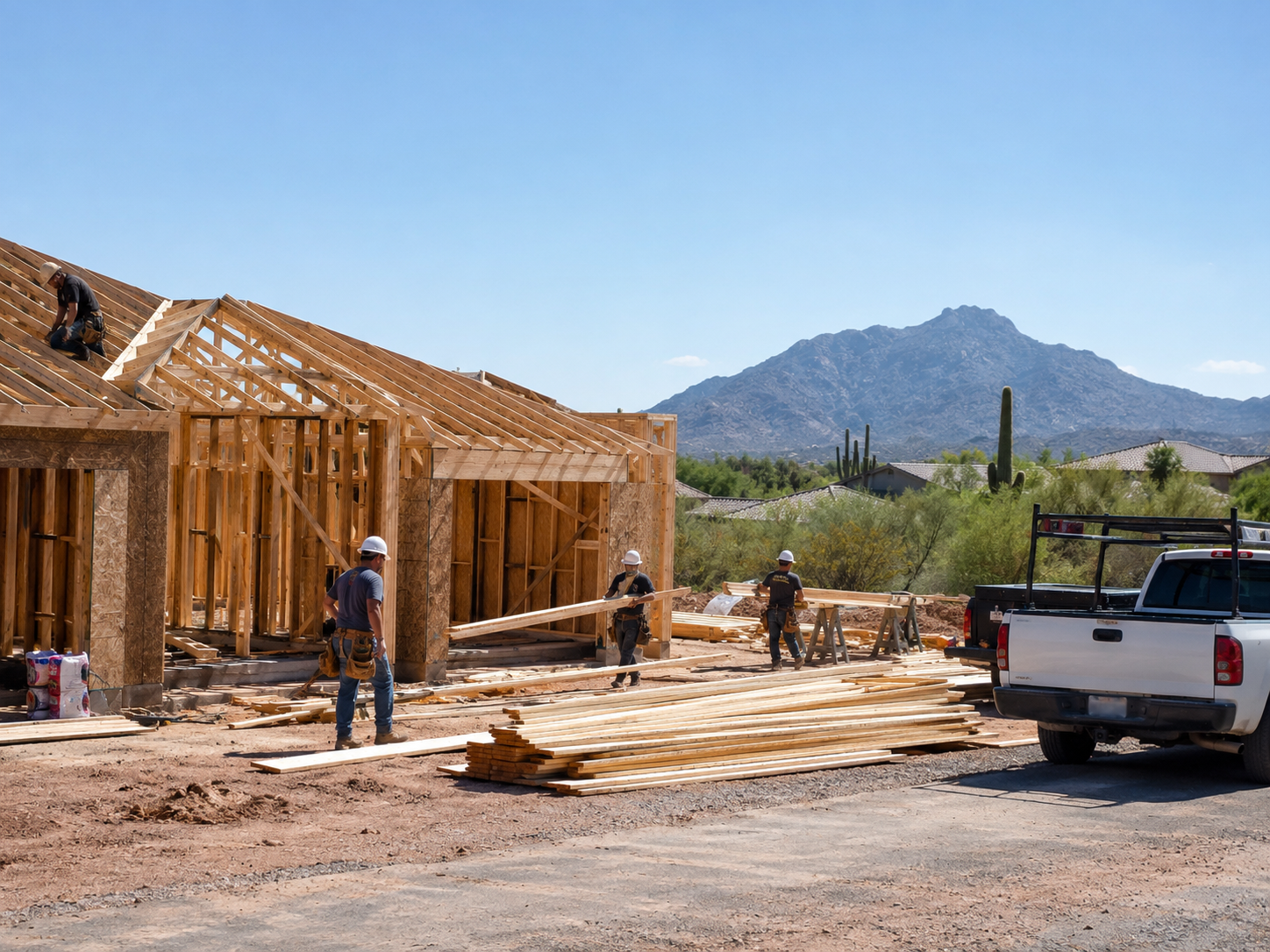 Phoenix custom home construction site with framing crew, lumber, and mountain backdrop