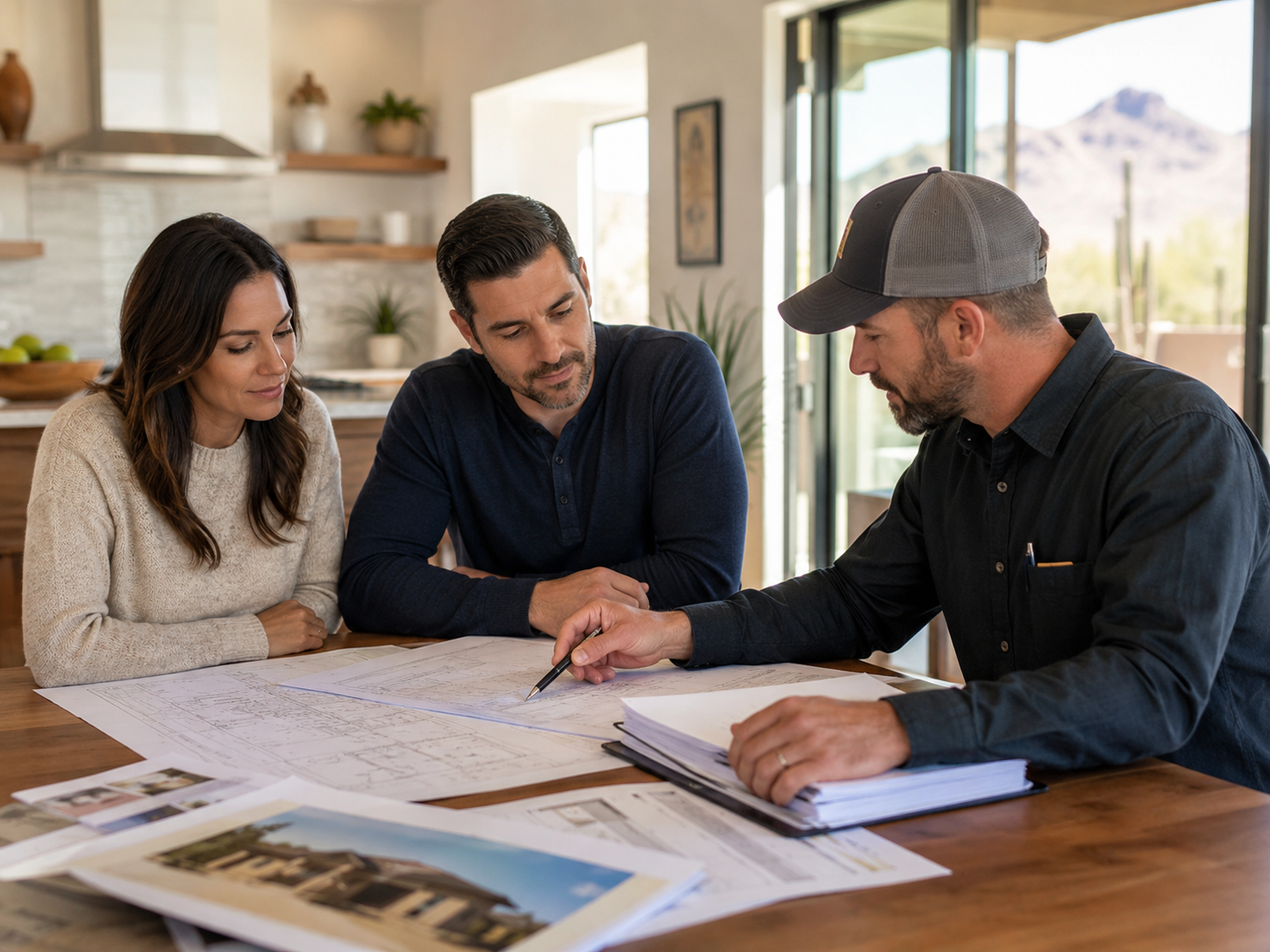 Builder reviewing home plans and construction contract details with clients in a Phoenix-area home