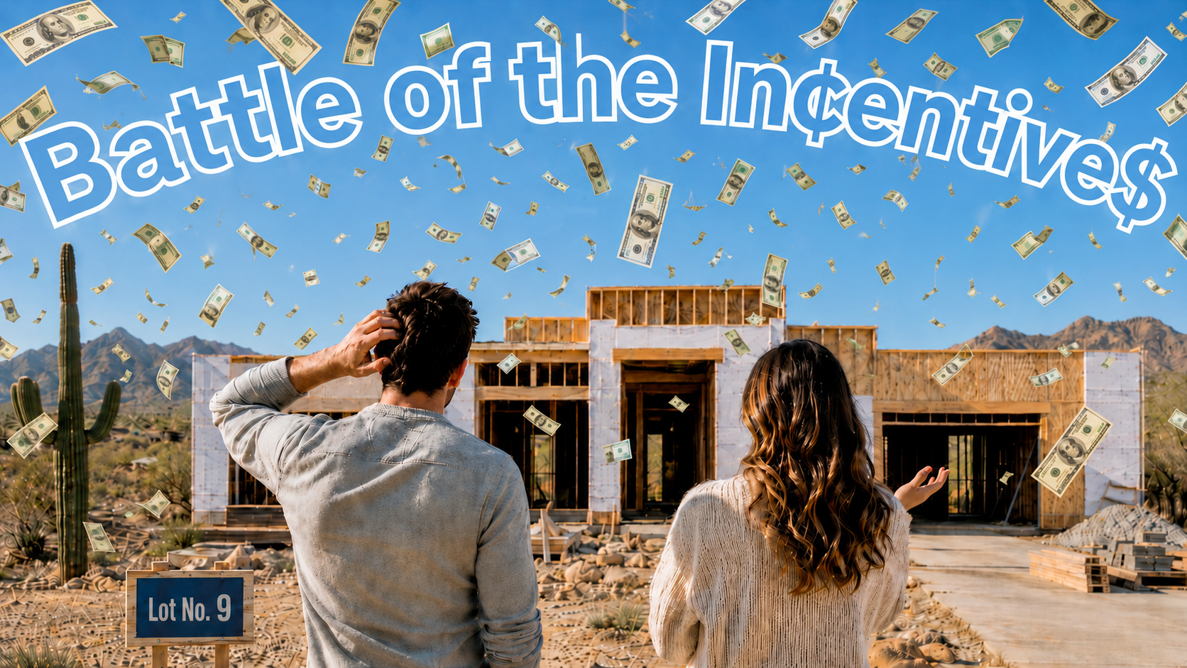 Couple standing in front of a new home under construction in the Arizona desert while money rains from the sky, illustrating builder incentives and mortgage buydown options.