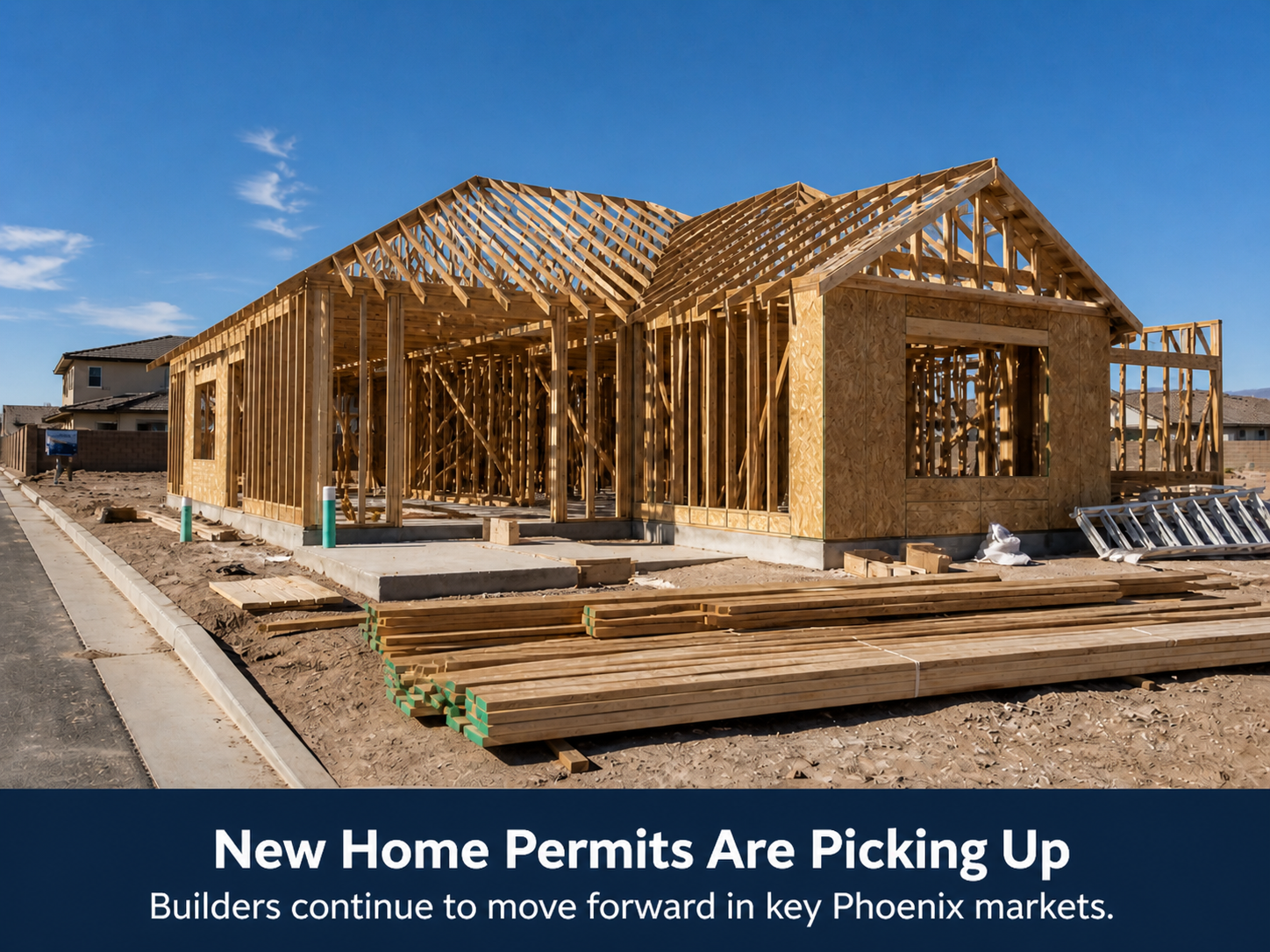 Phoenix new construction market framed house under construction with lumber and job site materials