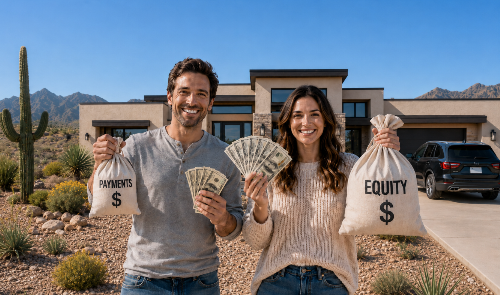Homebuyers stand in front of a completed desert home holding cash and money bags labeled payments and equity to illustrate mortgage buydown strategy.