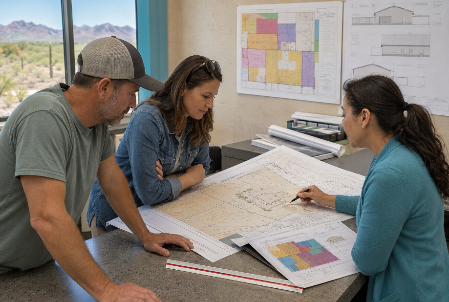 A couple reviews barndominium site plans and construction drawings with a building professional in an Arizona project office.