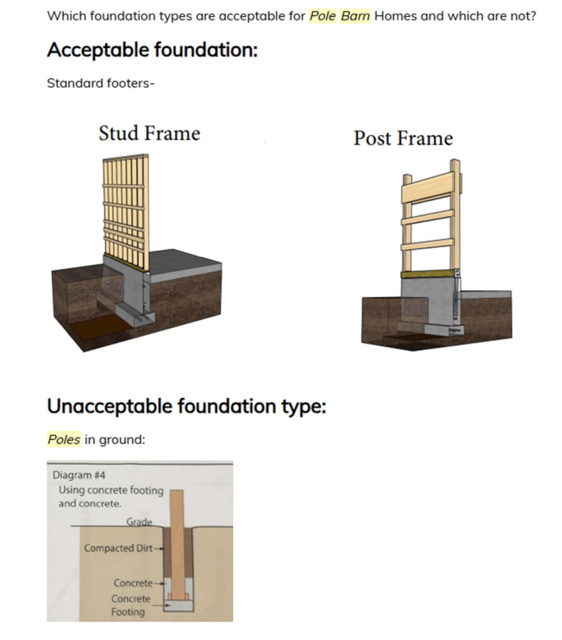 Diagram comparing acceptable stud-frame and post-frame foundations with concrete footings against an unacceptable pole-in-ground foundation for a pole-barn home.