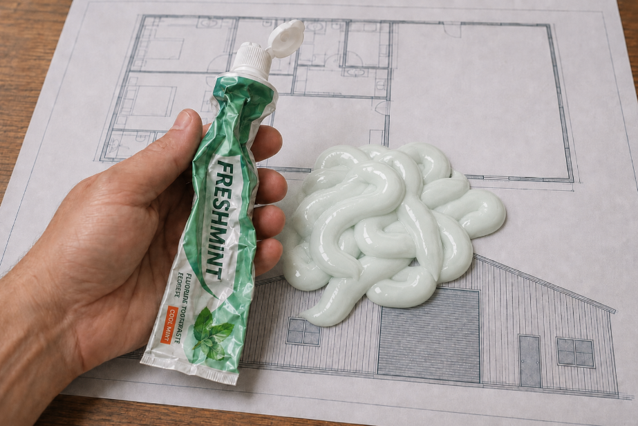 Hand holding a tube of toothpaste over barndominium construction plans, illustrating the risk of purchasing materials before completing the project plan.
